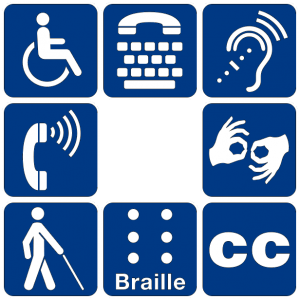 A square composed of eight symbols representing different types of disability or accessibility resources, from the upper left hand corner: a figure in a wheelchair, a phone handset over a keyboard, a hearing aid loop symbol, two hands signing, the Closed Captions CC symbol, a braille symbol, a figure walking with a cane, and a phone handset emitting sound waves.