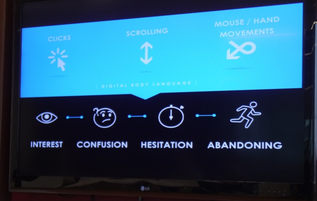 A photograph of the presentation screen from the Reactful digital body language, showing a series of symbols in a blue speech bubble. One shows a mouse pointer with a series of lines radiating from it, titled CLICKS. Another shows an arrow pointing both up and down, labelled SCROLLING. A twisted arrow is labelled MOUSE/HAND MOVEMENTS. Underneath the speech bubble are four more symbols in white against a black background, depicting digital body language. A picture of an eye is labelled INTEREST. A picture of an unsure face and a question mark is labelled CONFUSION. A picture of a stopwatch is labelled HESITATION, followed by a running figure which is labelled ABANDONING.