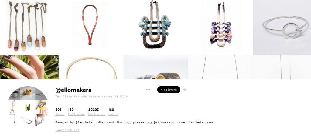 A screencap of the Ello Makers group, whose tagline reads "The Place for the Modern Makers of Ello". Its description mentions that it is curated by @iamthelab. The group's header image is a grid of handmade jewellery, weaving and knotwork.