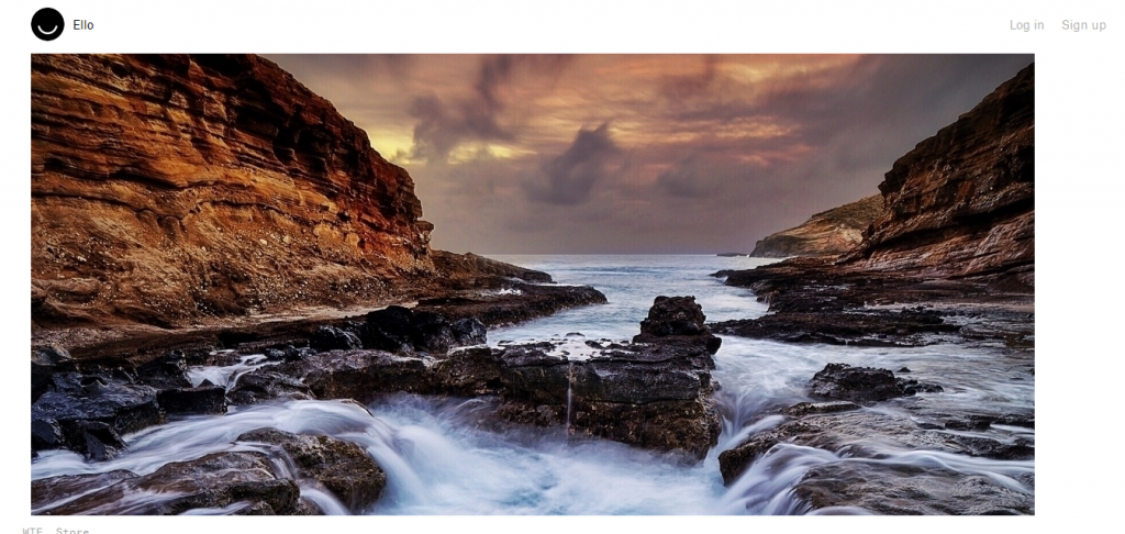 A screenshot from Ello showing a spectacular photograph of an ocean in Hawaii between mountains and underneath a cloudy sky. The picture stretches the full width of the screen and is incredibly detailed.