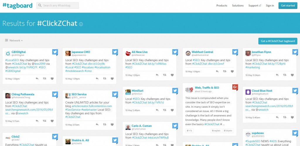 A tagboard display showing mentions of #ClickZChat on social media. The results are arranged in a grid layout, and all are tweets except for one Google+ post.