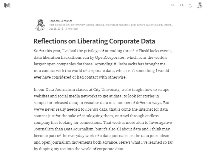 A screenshot of a Medium post by Rebecca Sentance, entitled 'Reflections on Liberating Corporate Data'. The post is laid out in simple, no-frills style, in black serif font with a wide margin either side. The Medium logo in grayscale is present in the top left corner.