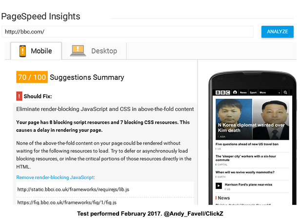 Screenshot shows BBC.com tested with PageSpeed Insights (as detailed in text).