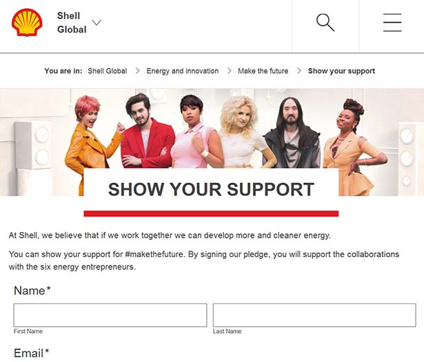 Screenshot of a Shell website requesting that viewers pledge support for the social entrepreneurs.