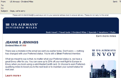 US Airways follow-up e-mail