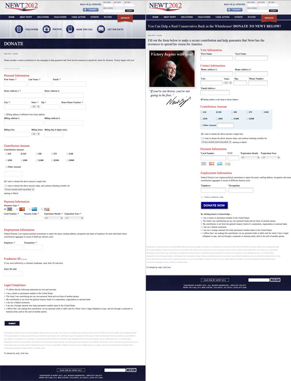 Newt Gingrich form, control vs optimized