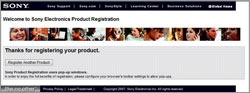 Sony completed registration page