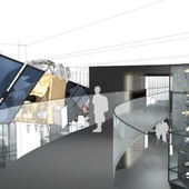 Artist impression of a GPS satellite model viewed from the gallery sweeping elevated walkway. C. 2013 Science Museum Universal Design Studio