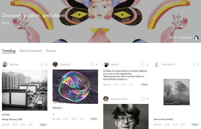 A screenshot from the social network Ello, showing a beautiful piece of artwork from a site user featured prominently as the page header. Below, a curated feed of "Trending" posts shows various artistic photographs posted to the site by Ello users.
