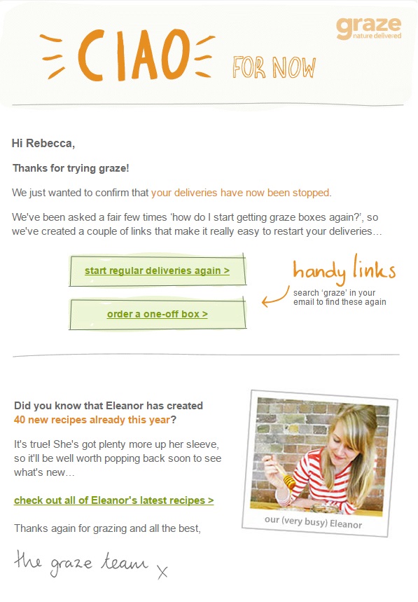 A Graze email entitled "Ciao for now" which thanks the customer for trying Graze and confirming that their deliveries have now been stopped. It adds, "We've been asked a fair few times 'how do I start getting graze boxes again?' so we've created a couple of links that make it really easy to restart your deliveries..." Underneath are two links, one to restart regular deliveries and another to order a one-off box. The bottom half of the email talks about how Eleanor (a Graze taste expert) has created 40 new recipes this year, and invites the customer to check out her latest recipes on the website.