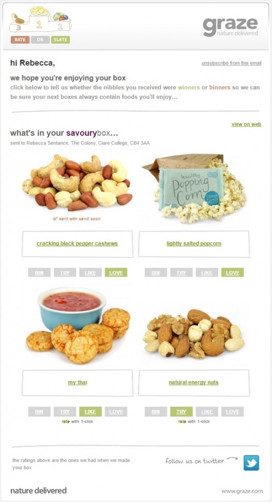 A Graze email inviting a customer to "rate or slate" their mot recent box. It contains a picture of each product the box contained, with a set of four buttons underneath: BIN, TRY, LIKE and LOVE. The email invites the customer to "rate with 1-click".