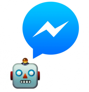 A robot emoji with the Facebook Messenger speech bubble logo emitting from its mouth.