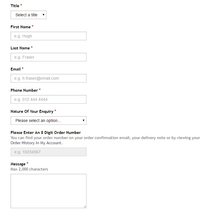A screenshot of a customer service email contact form.