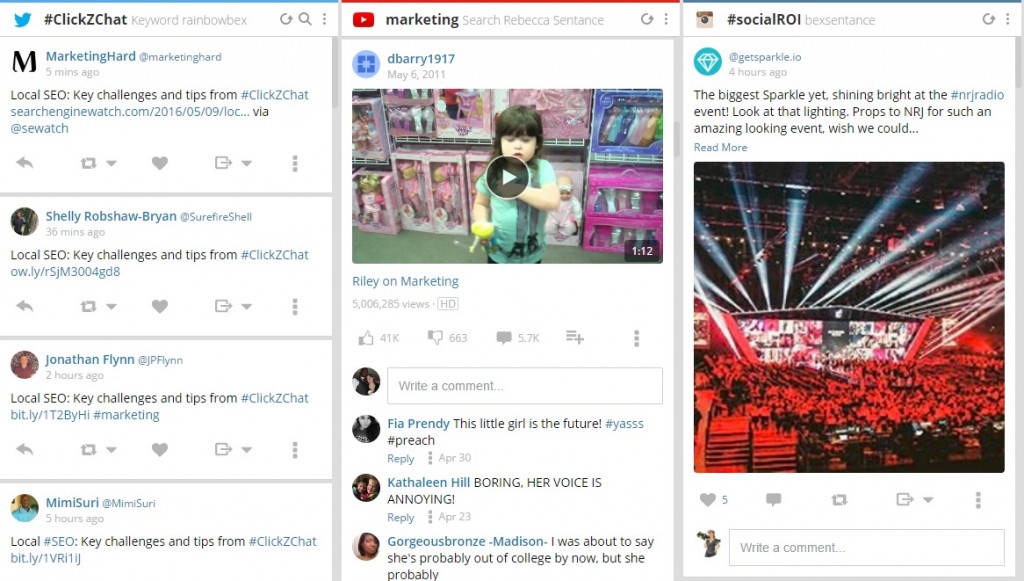 A screenshot of three keyword streams from Hootsuite, showing a Twitter stream for #ClickZChat, a YouTube stream for mentions of "marketing" and an Instagram stream for #SocialROI.