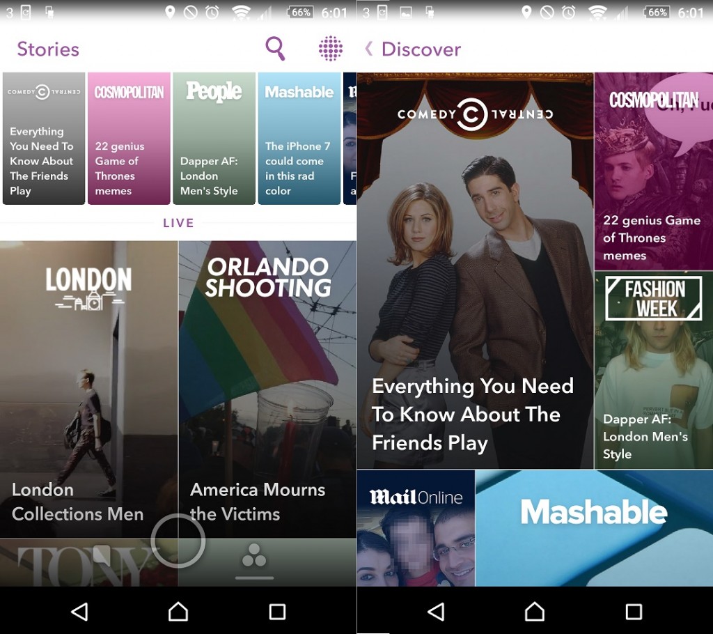 Two side-by-side screenshots showing the new, more visual, Snapchat Discover, with large picture thumbnails of Discover stories overlaid with text.