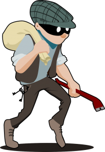 A typical cartoon burglar, depicted wearing an eyemask and flat cap with a sack over one shoulder, tiptoeing forward with a crowbar in one hand.