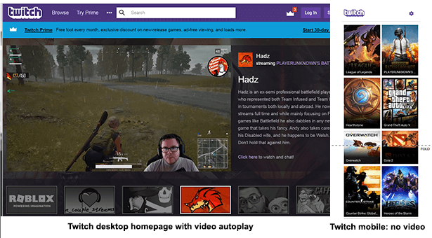 Image shows the desktop homepage and mobile homepage of Twitch.tv. Desktop has a live game on autoplay, but there are no videos hosted on the mobile homepage.