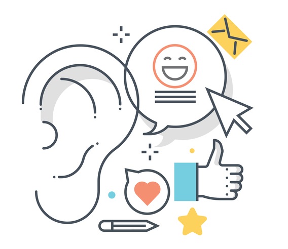 Social engagement graphic with an ear, speech bubble with a smiley face and a cursor pointing to it, a thumbs up icon, and a smaller speech bubble with a heart in it.