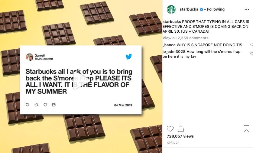 Example of Starbucks' Instagram posts that include user-generated content