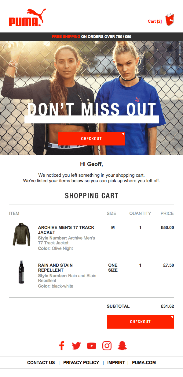 salecycle example of cart abandonment email creative for puma